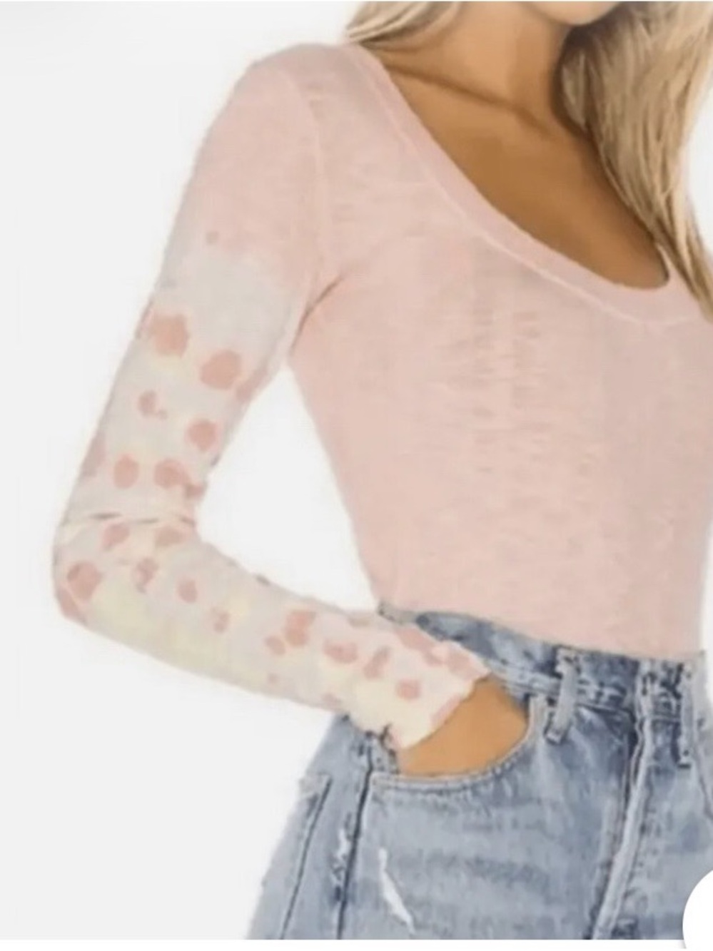 #679 Free People Light Peach Scoop Neck Long Sleeve Top with Printed Sleeve